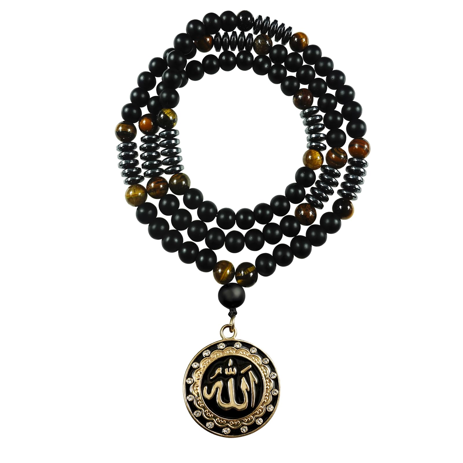 Allah Pendant Necklace Allah Round Shape Arabic Jewelry with Tiger Eye Stone Obsidian Hematite Triple Protection Crystal Beads Chain/Rope for Men