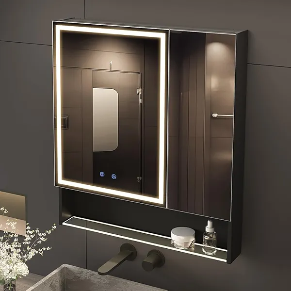 30"×34" Lighted Medicine Mirror Cabinet with Storage Adjustable Brightness 3 Color Temperature Lighting Anti-Fog Sturdy Aluminum Medicine Cabinet with Lights 2 Socket & 2 USB Ports & Adjustable Shelf