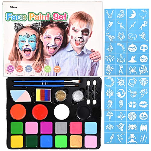 Nabance Kinderschminke Set Gesichtsfarbe 15 Farbe Waschbar Farben 58 Schablonen Professionelle Schminkpalette Geschenk Organische Facepaints für Kinder Partys Halloween Karneval
