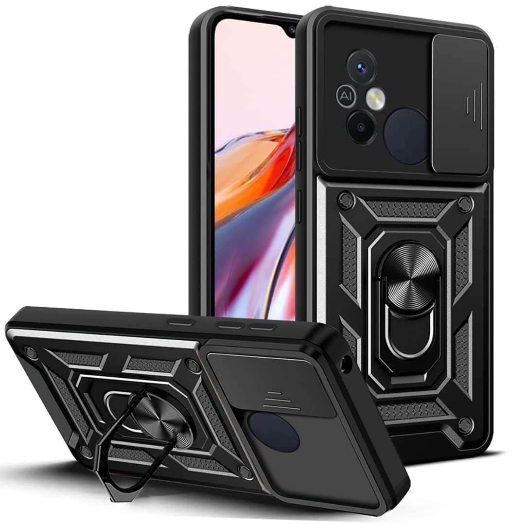 COMAKU Cover Armor per Xiaomi Redmi 12C/Xiaomi Redmi 11A, Custodia TPU+PC Antiurto con Scorrevole Cover Anello Supporto - Nero