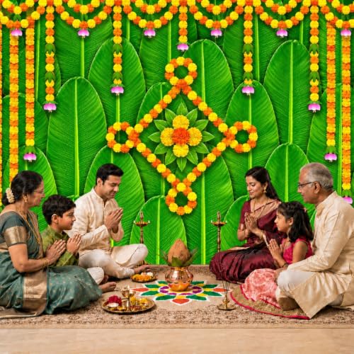 Image of Party Propz Banana Leaf Backdrop for Pooja Decoration-2 Pcs, Ganpati Decoration Setup for Home, Pooja Background Decor, Annaprasana Backdrop, Varalakshmi Decorative Items.