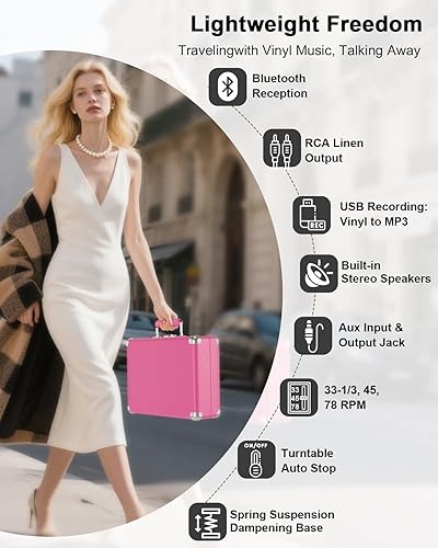 Miniatura 4 de Tocadiscos Bluetooth rosa con altavoces integrados, grabación USB a MP3, tocadiscos de 3 velocidades accionados por cinturón, diseño de maleta