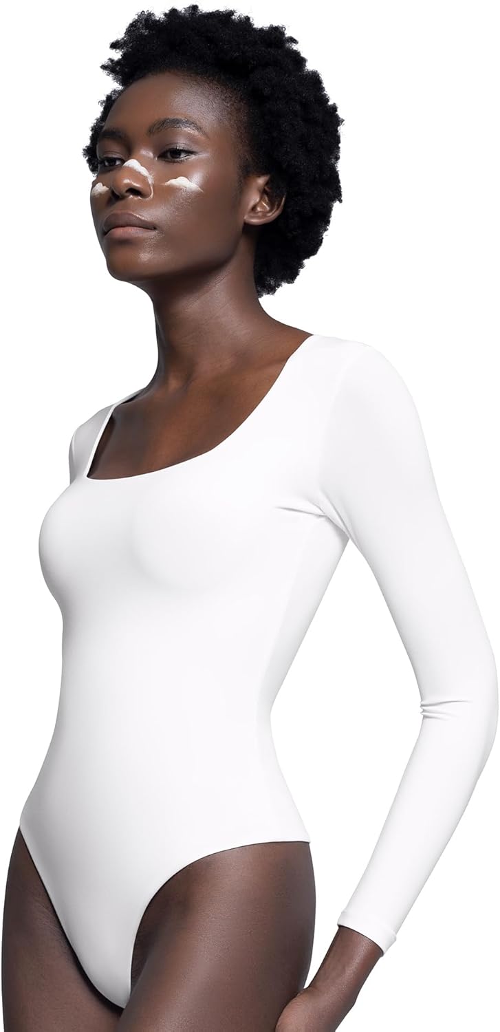 PUMIEY Women's Square Neck Long Sleeve Bodysuit Sexy Body Suit Tops Smoke Cloud Collection - Image 3