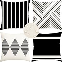RABUSOFA Waterproof Outdoor Pillow Covers 18x18 Set of 4 Black & Beige Boho Throw Pillows for Patio Furniture Couch - No Insert