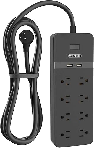 NTONPOWER - Cable de extensión plano de 25 pies, 8 salidas con protector de sobretensiones con puertos USB, disyuntor de 15 A, protector de