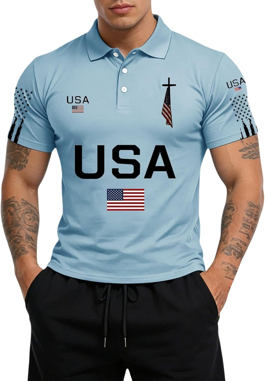 4th of July Polo Shirts for Men Plus Size USA Patriotic Golf Tshirt Christian Jesus Faith Top American Flag Cross Tee