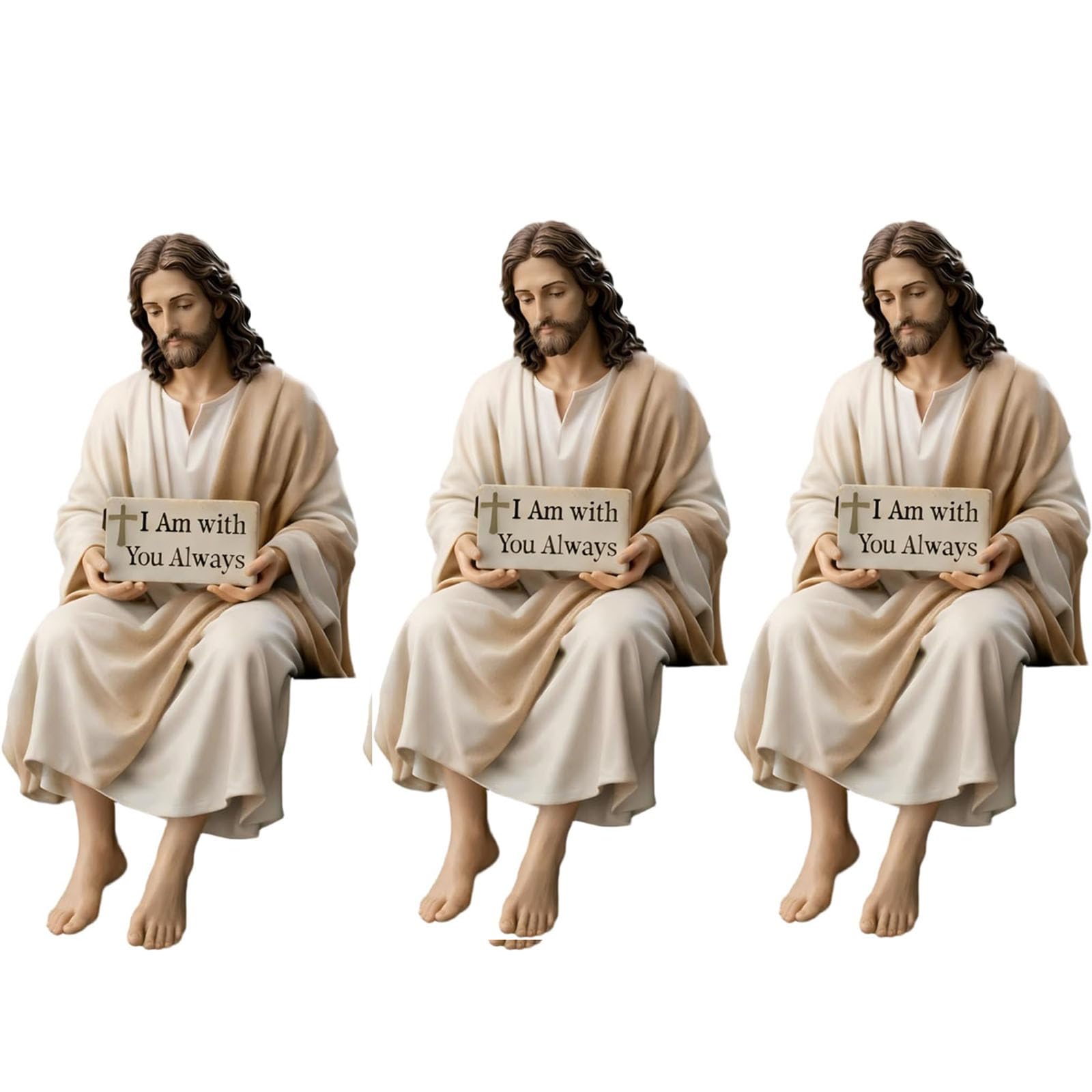 Kieyiqe 3Pcs Jesus Resin Desk Companion Figurine, Handmade Sitting Design Jesus Christ Statue, ''I Am With You Always'' Sign Statue Decor, Handmade Sitting Religious Decorative (3Pcs)