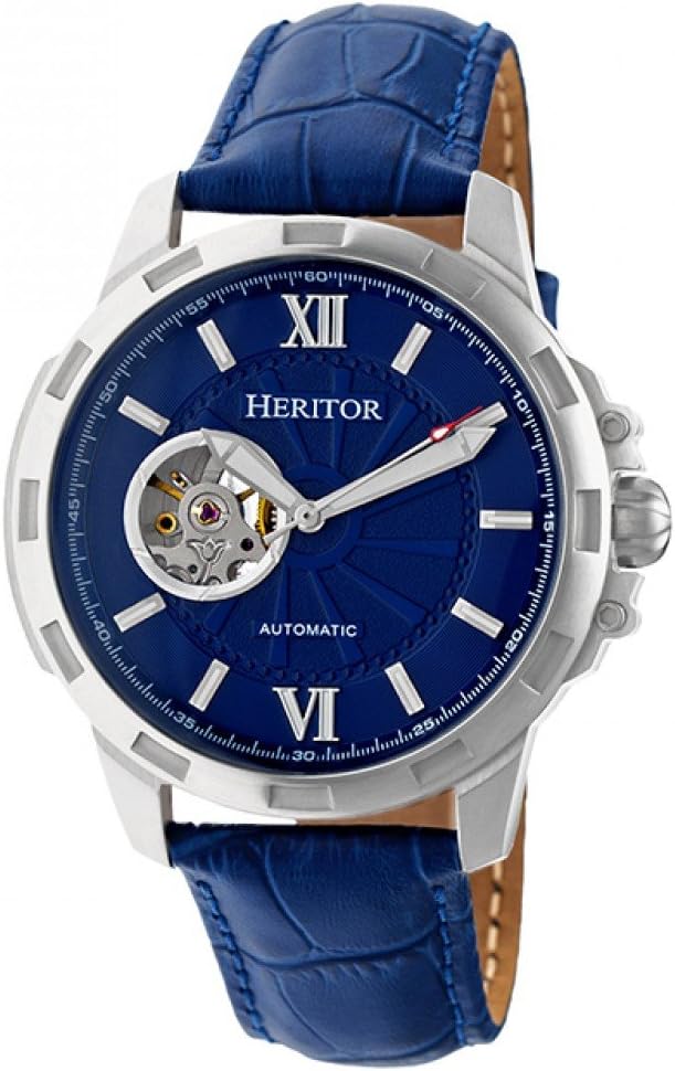 HERITOR Automatic Bonavento Semi-Skeleton Leather-Band Watch - Silver/Blue