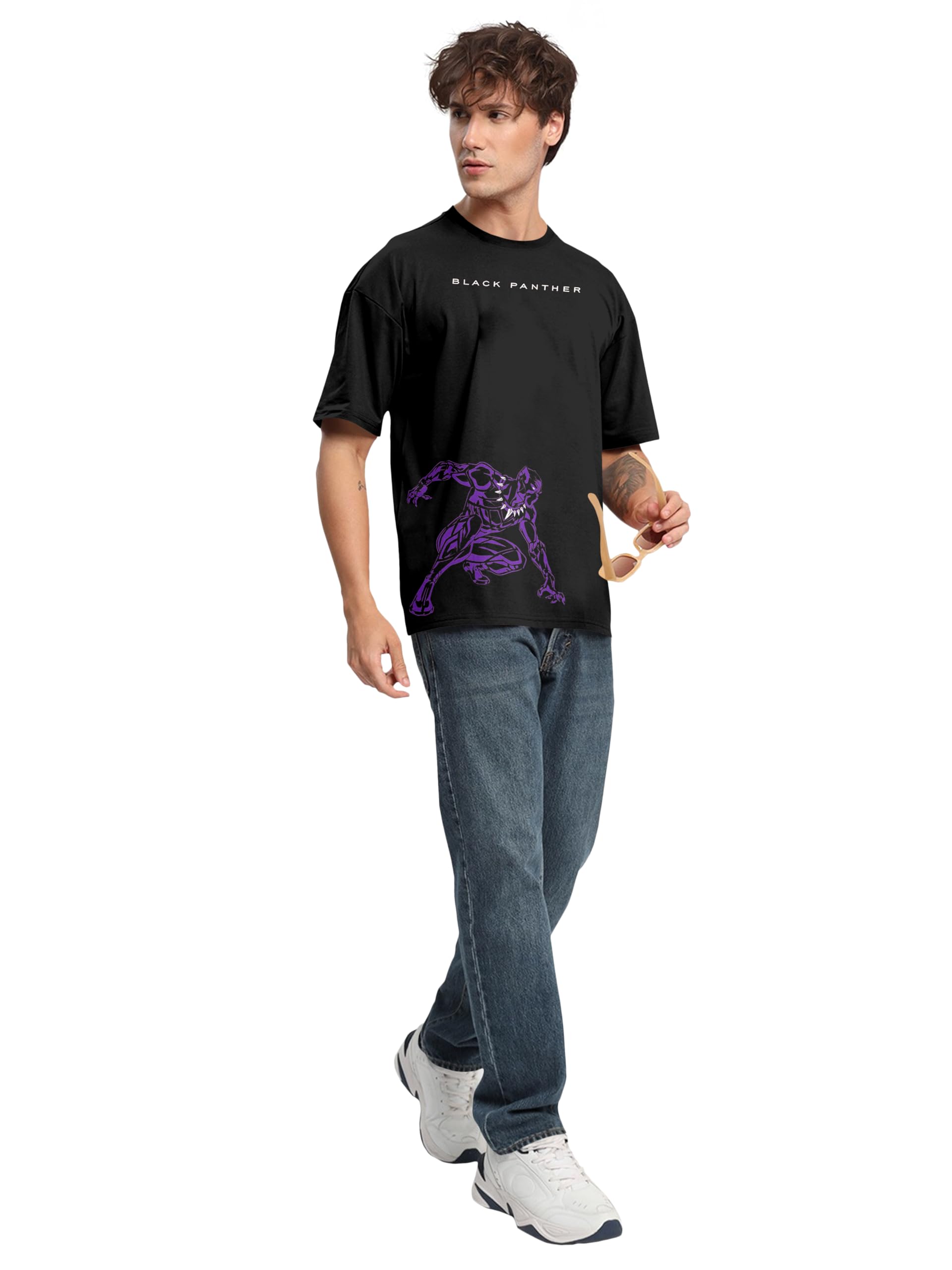 RITCHERMen Oversized Printed Cotton Round Neck Half Sleeve Tshirt - Black Panther 1