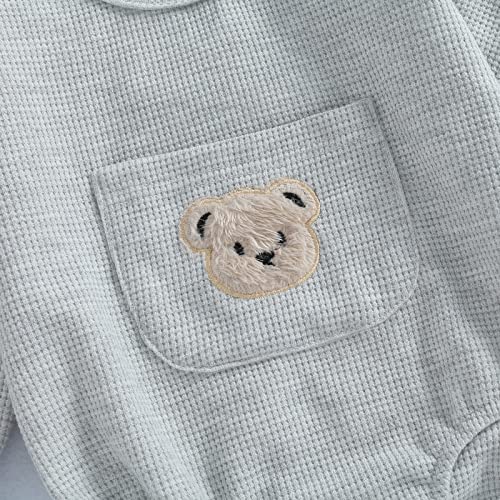 Xiaodriceee Newborn Baby Boy Girl Romper Long Sleeve Bear Front Pocket Waffle Knit Bodysuit Top Fall Winter Clothes (Grey,0-6 Months) #TOP5