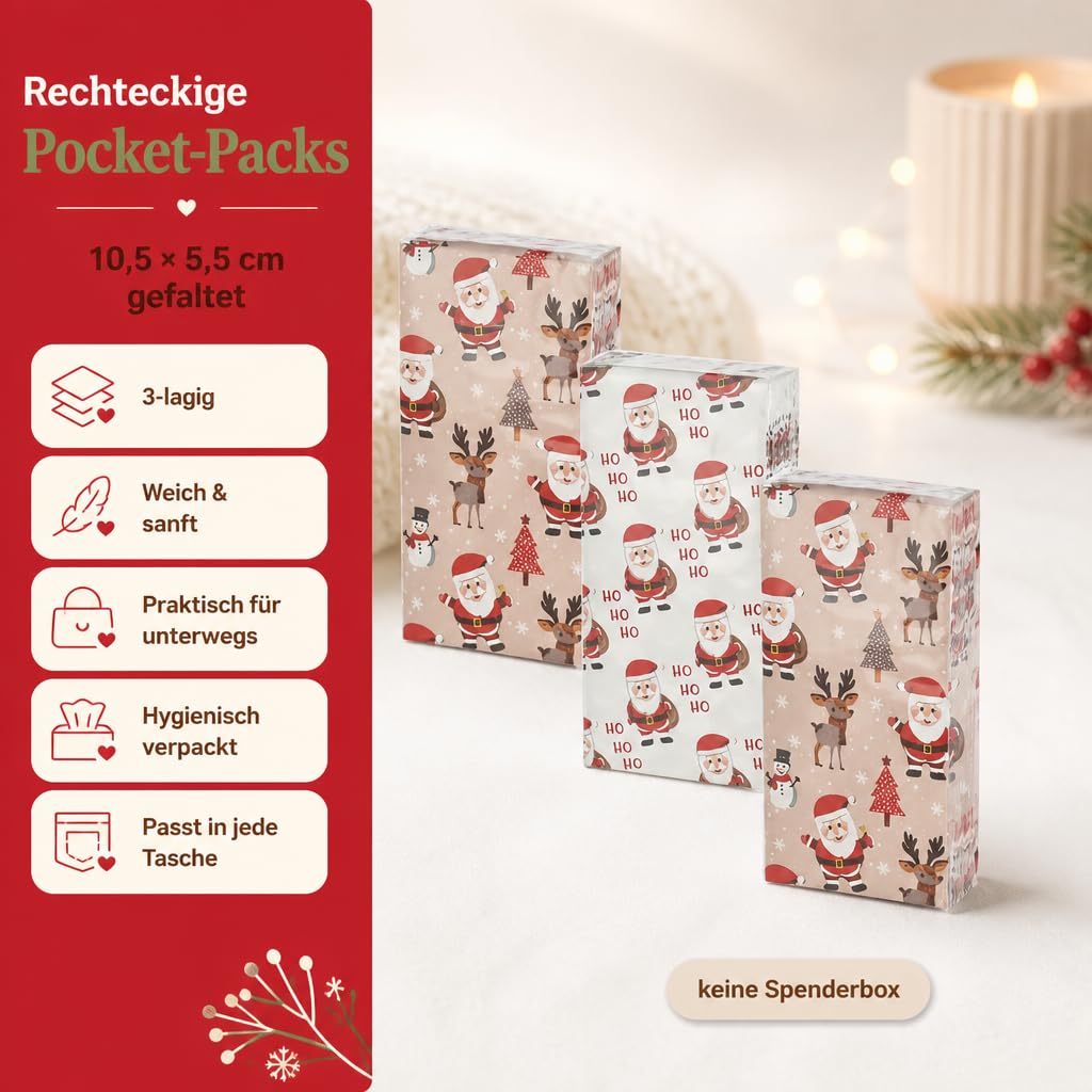 MIJOMA Set di fazzoletti di carta Ho Ho Ho Ho, 3 veli, 36 confezioni, stampati bianchi, pensierini di Natale, regali di Babbo Natale, desideri di guarigione, pratici e morbidi