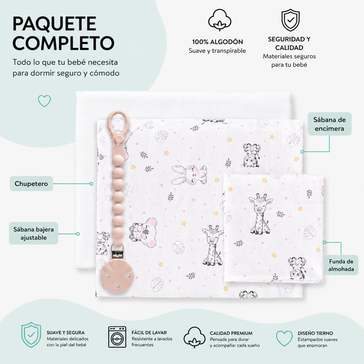 Juego 3 Sabanas Cuna 60x120 100% Algodon con Sabana Bajera Transpirable Ajustable Lavable + Encimera y Funda Almohada Suave Pack Descanso de Bebes y Recien Nacidos Diseño Animalitos Chupetero Regalo