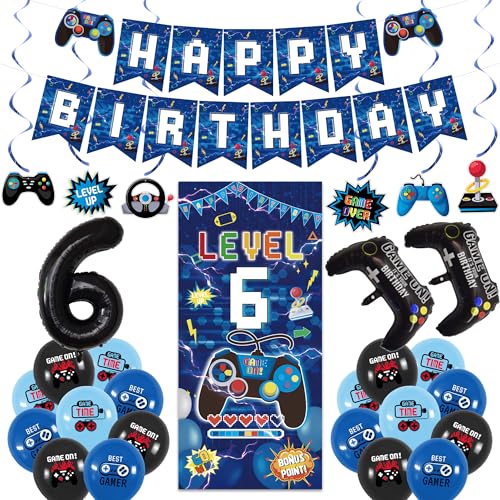 Image of Vlipoeasn Blue 6th Birthday Decorations for Boys, Video Game Level 6 Banner Backdrop Hanging Swirls for 6th Birthday Party, Gamer 6 Years Old Party Supplies