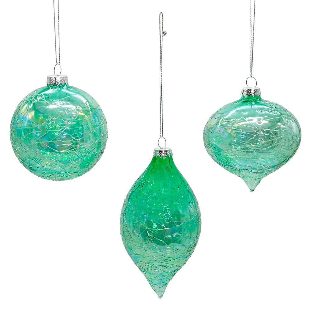 Kurt Adler - Set di 3 decorazioni in vetro iridescente, cipolla verde iridescente, sfera e finale, 80 mm