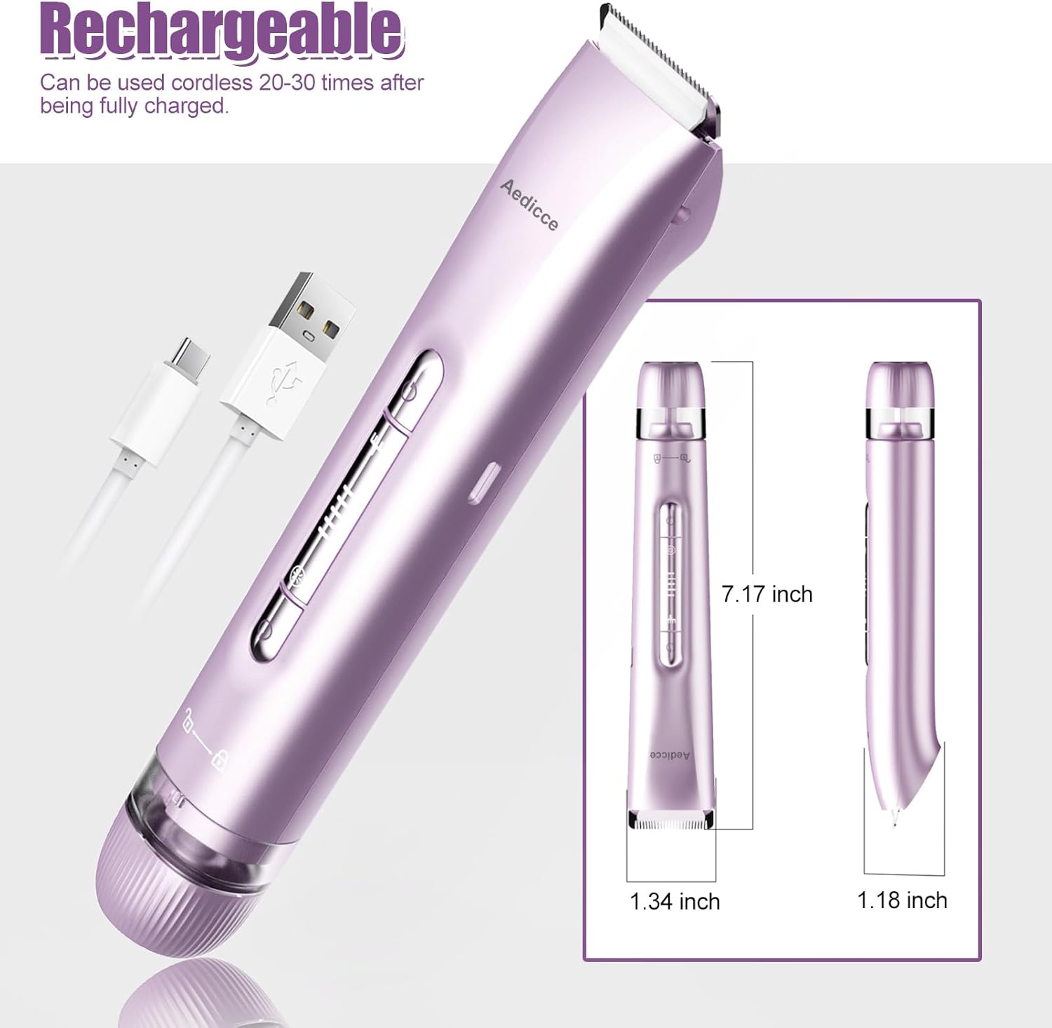 Bikini Trimmer for Women 2 in 1, Dual Head Womens Electric Shaver, Electric Razors for Pubic Hair, IPX7 Waterproof Rechargeable Facial Hair Removal for Shaving Underarm Leg Arm Body Face, Purple - Image 6