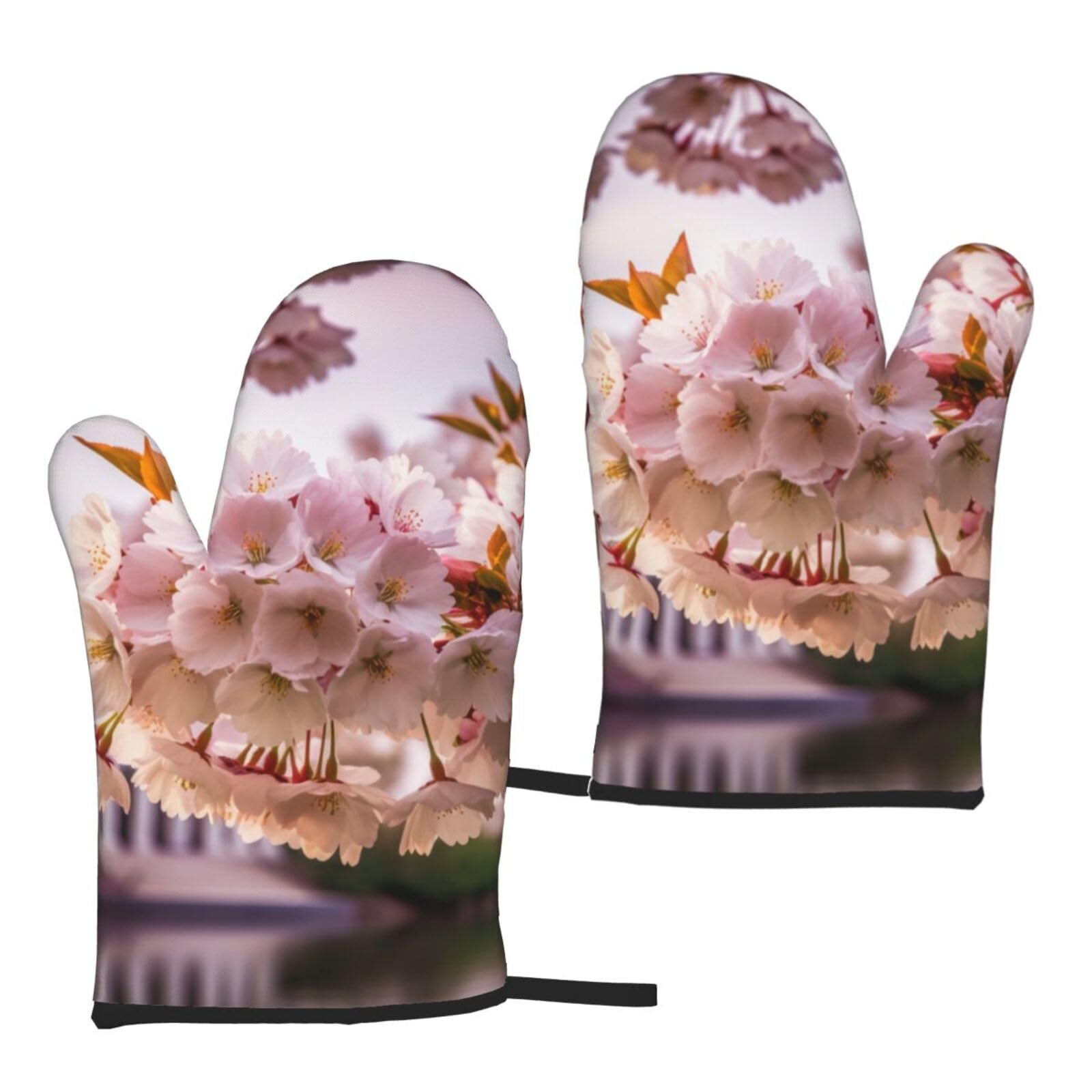 Cherry Blossoms prin Printed Oven Mitts Sets 2 PCS Heat Resistant and Non-Slip Glove Potholder for Kitchen Cooking Baking Grilling