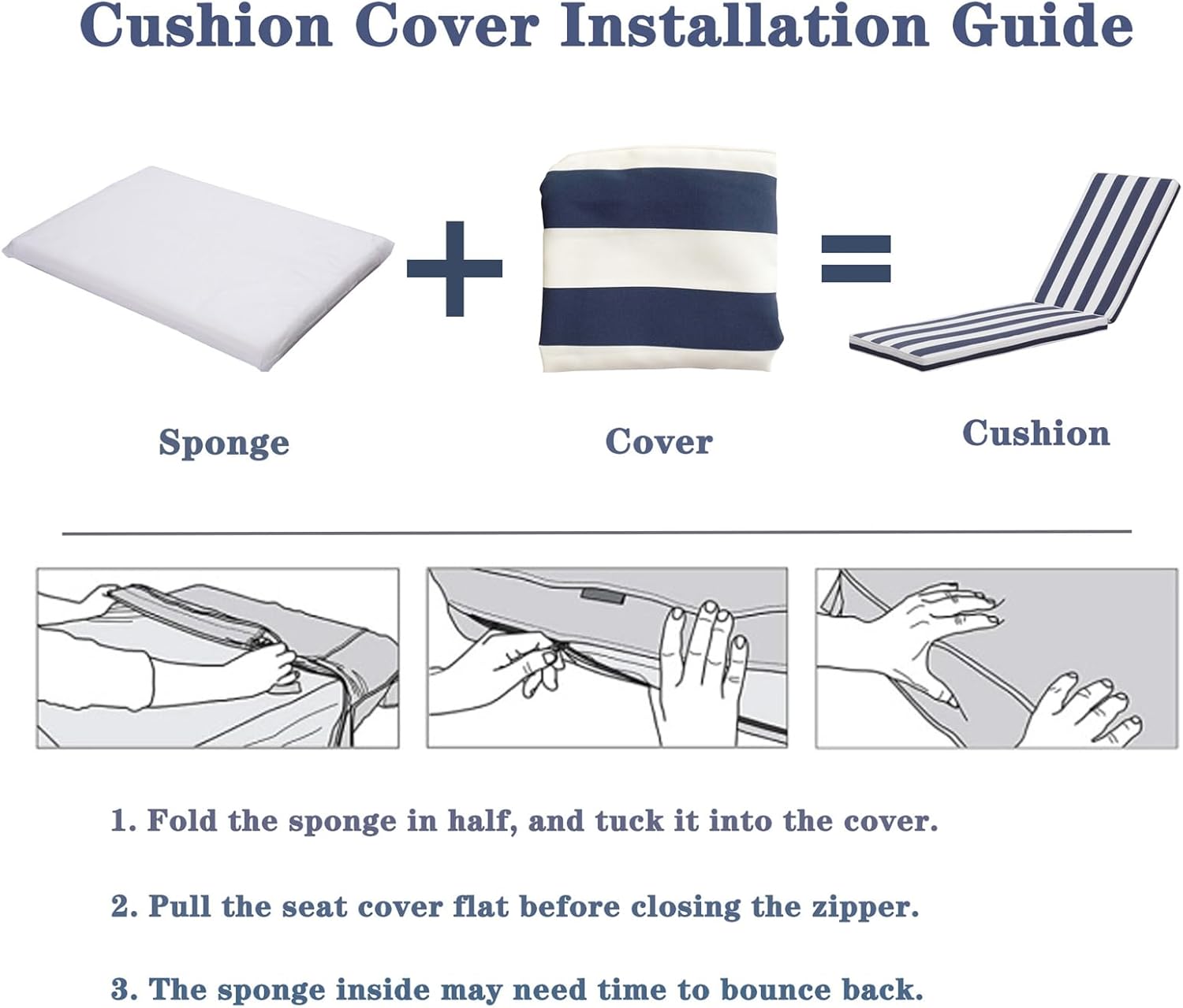 2PCS Set Chaise Lounge Cushions Outdoor with Adjustable Strip， Replacement Lounge Chair Cushions for Outdoor Furniture, Memory Foam Patio Furniture Seat Cushion Chaise Lounge Cushion, Blue Striped