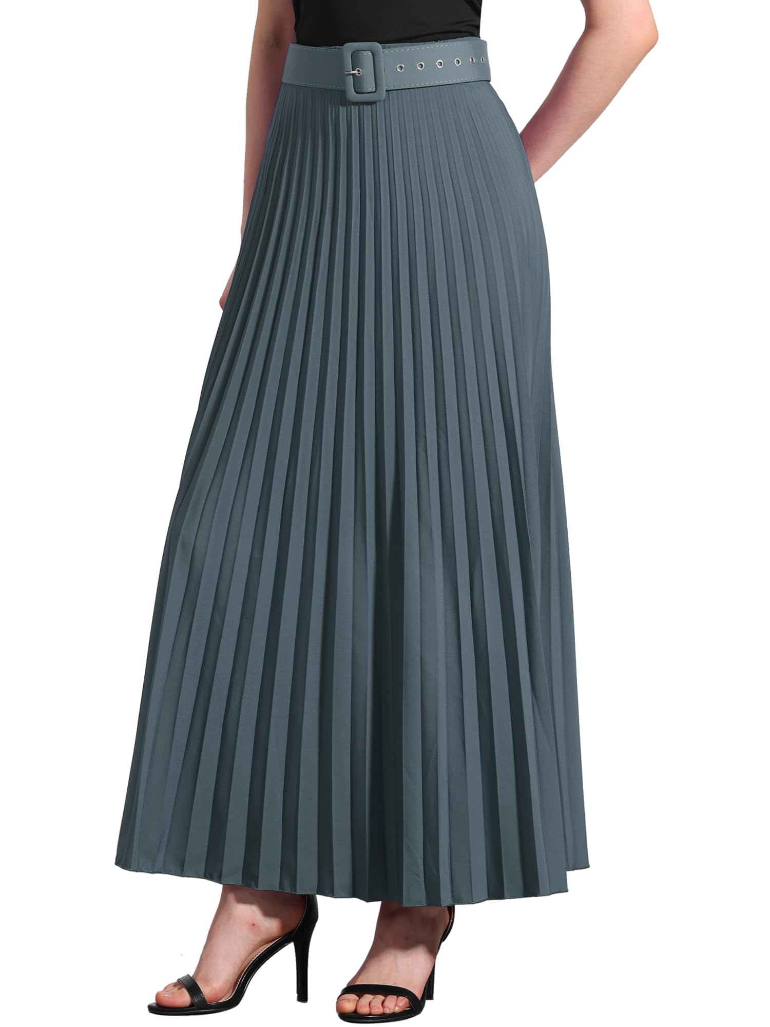 Allegra K Long Pleated Skirt for Women's Elastic High Waist with