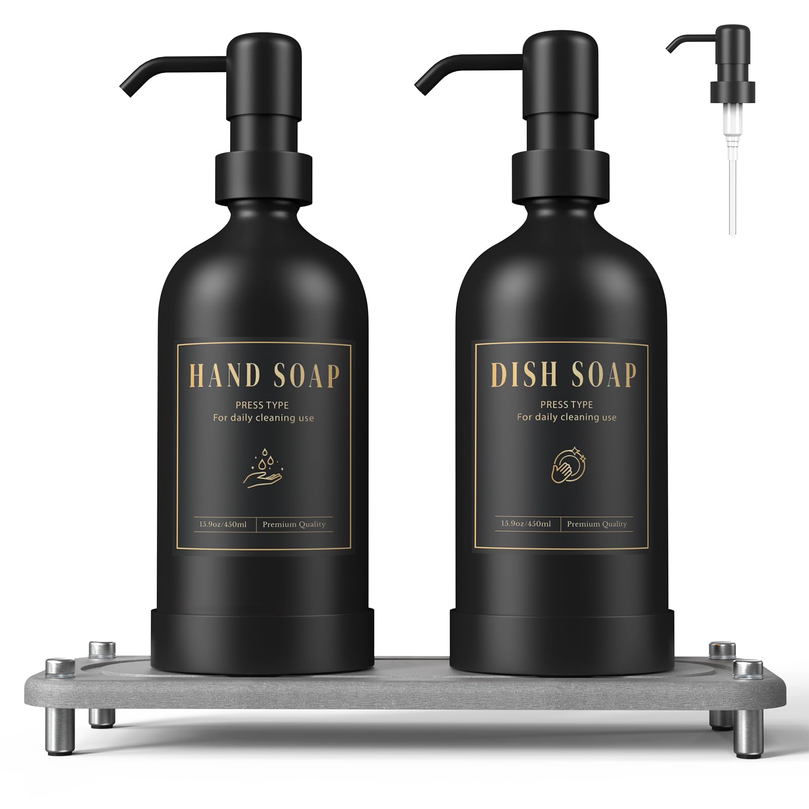 Luxspire Seifenspender Set, Handseifenspender mit Ersatz-Pumpenköpfen, 500ml Glas Nachfüllbare Flüssigkeitsflasche für Bad & Küche, Küche, 2 Packungen, Schwarz + Dunkelgrau