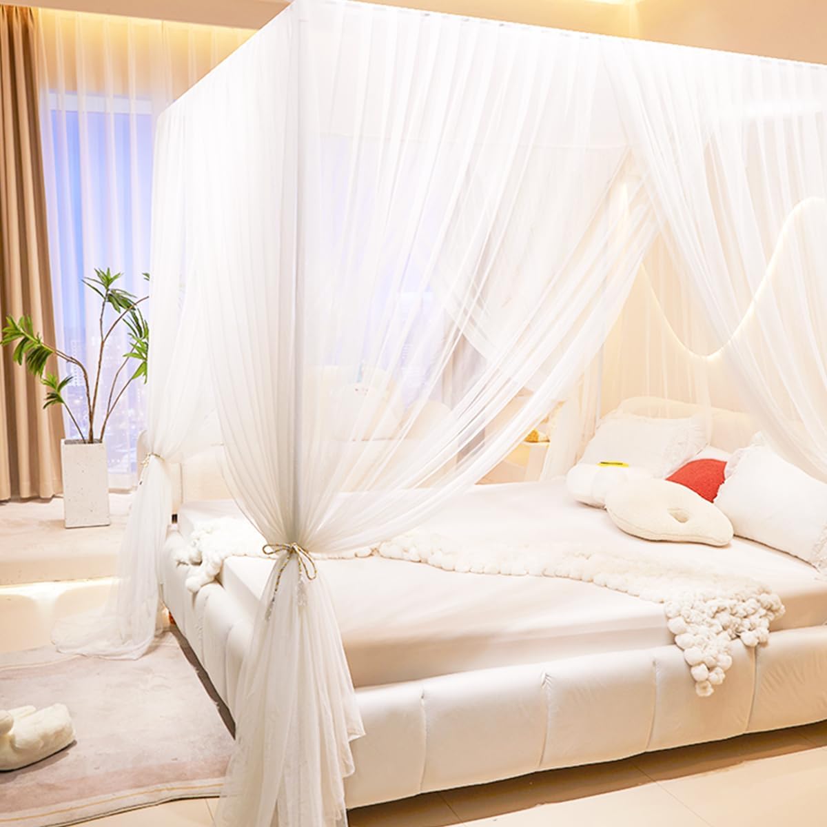 Akiky Princess 4 Corners Post Mosquito Net - Cozy Drape Netting 3 Opening Bed Canopy Curtain for Girls Bed Boys Adults (King,White)