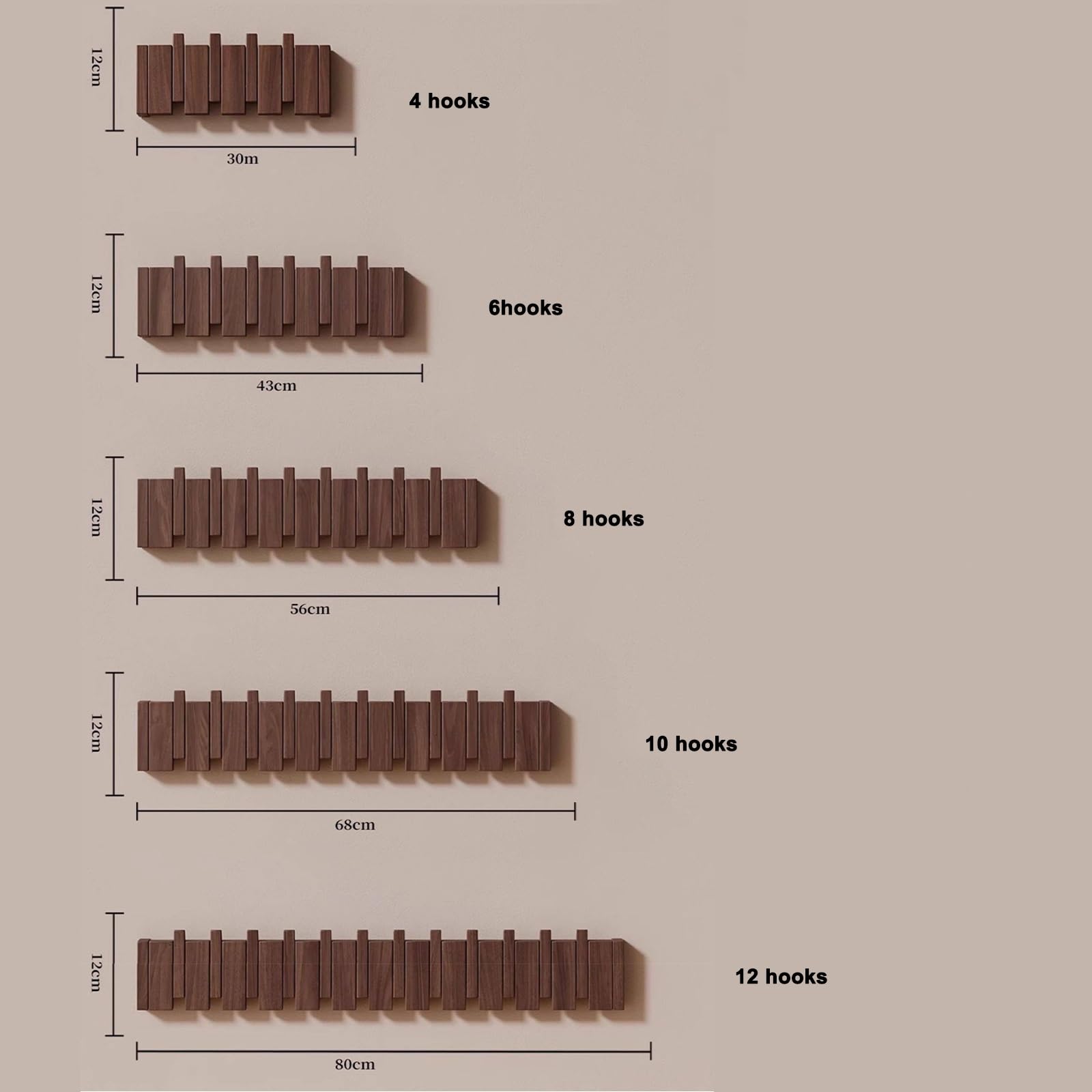 NEPHRA Perchero de Pared de Madera Plegable con Ganchos Abatibles Estilo Tecla de Piano, Perchero Pared de Haya, Organizador para Ropa, Llaves, Sombreros, Toallas, Bolsos(Raw wood,12 hooks)