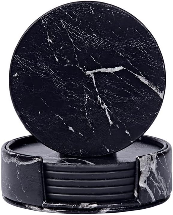 6PCS Coaster PU Leather Marble Coaster Drink Coffee Cup Mat Placemats Round Tea Pad Kitchen Tableware Pad Holder (Color : E, Size : 6PCS)