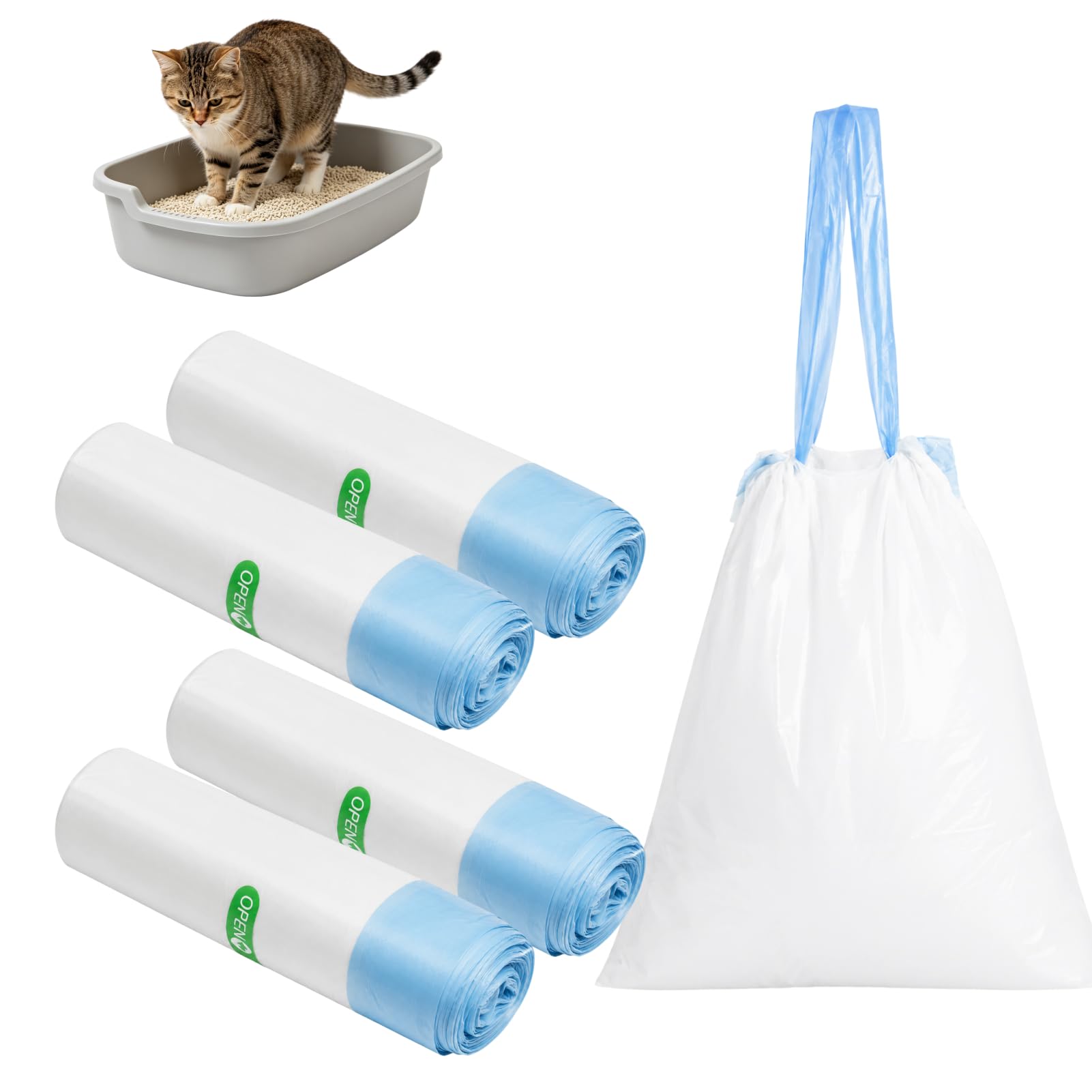 Yerozhui 4 Rolls 60Pcs Cat Litter Bags Durable Tear Resistant Cat Litter Tray Liners with Drawstring Closure for Self-Cleaning Litter Box Leak Resistant Waste Disposal 45x50CM for Home Daily Use