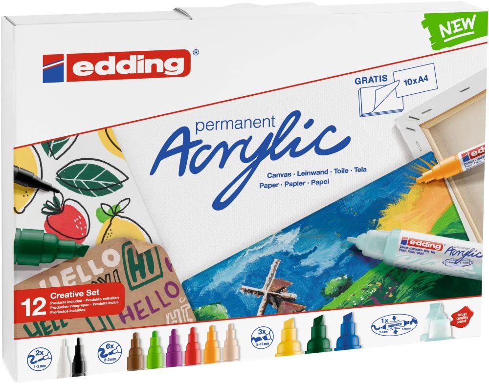 edding Creative Set - Acrylstifte wasserfest fein, medium, breit und 1x Acryltube, inkl. Malblock - 12 Acrylfarben Set (basic) - Acryl Farben zum Malen auf Leinwand oder Holz - Acrylstifte für Steine