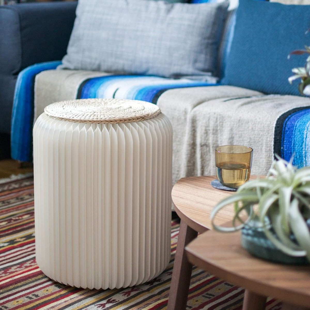 Tabouret Pliable - en Carton Recyclable (Blanc Sacré-Coeur (Assise Paille Tressée), 42 cm)