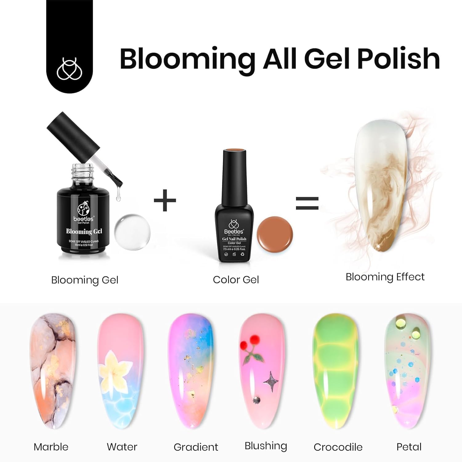 Beetles Nail Blooming Gel & No Wipe Gel Base Top Coat Set, 3 sztuki 15 ml żelu bazowego o błyszczącym wykończeniu, który może być żelowym prezentem do manicure dla kobiet