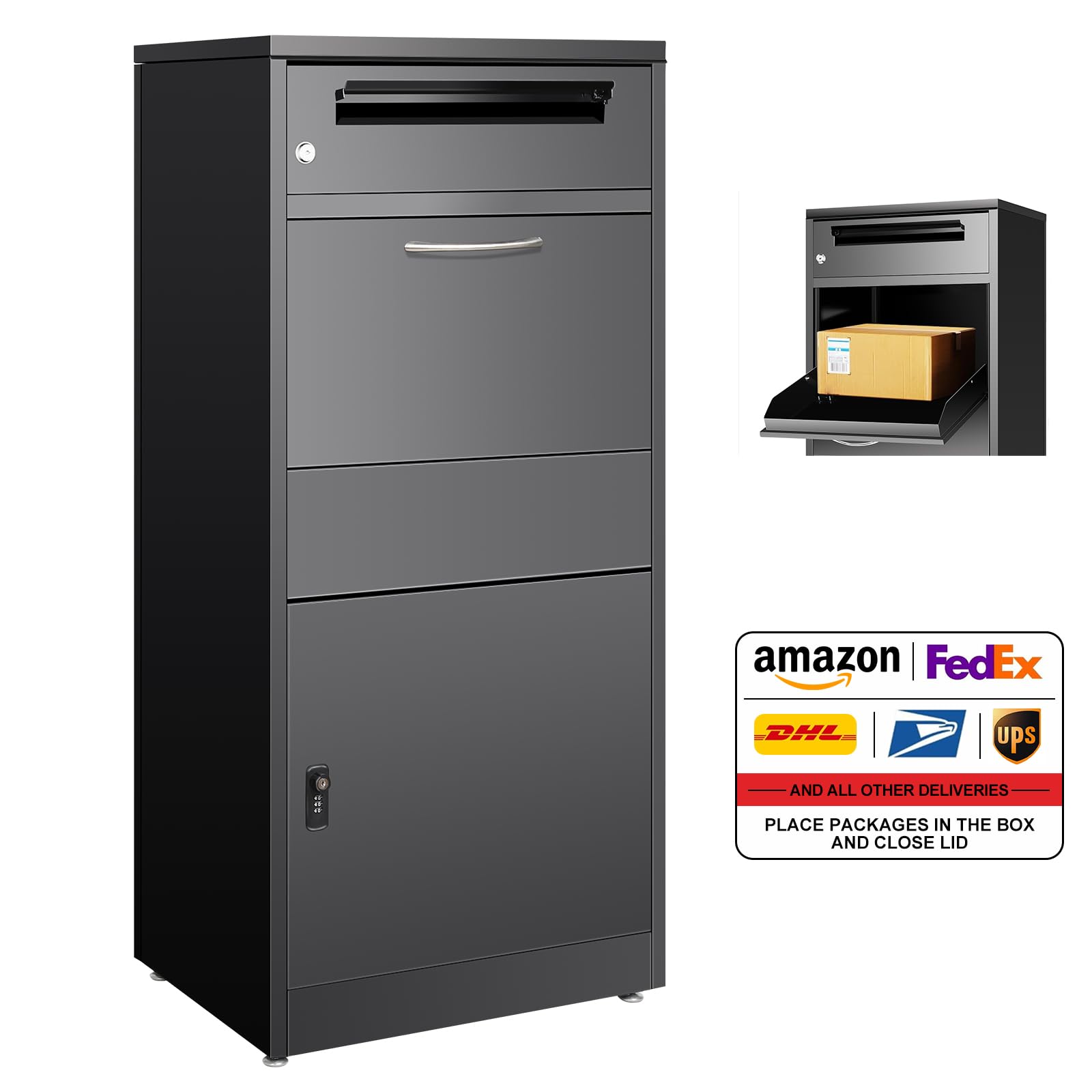 Buzón para exteriores, caja grande para paquetes con cerradura de combinación, buzón de acero inoxidable con función impermeable y antirrobo (50 x 36,5 x 115 cm)