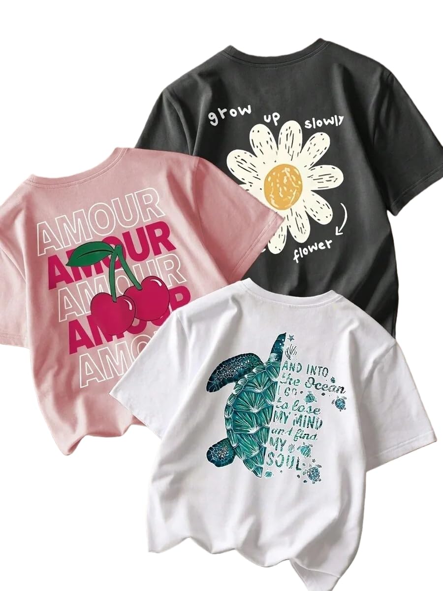Paquete de 3 camisetas estampadas de manga corta con cuello redondo para niñas de 8 a 14 años