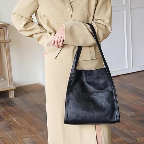 Miniatura 6 de Bolso de hombro para mujer, color sólido, de piel auténtica, bolso de mano de gran capacidad, bolso de viaje, bolso de fin de semana, comprador