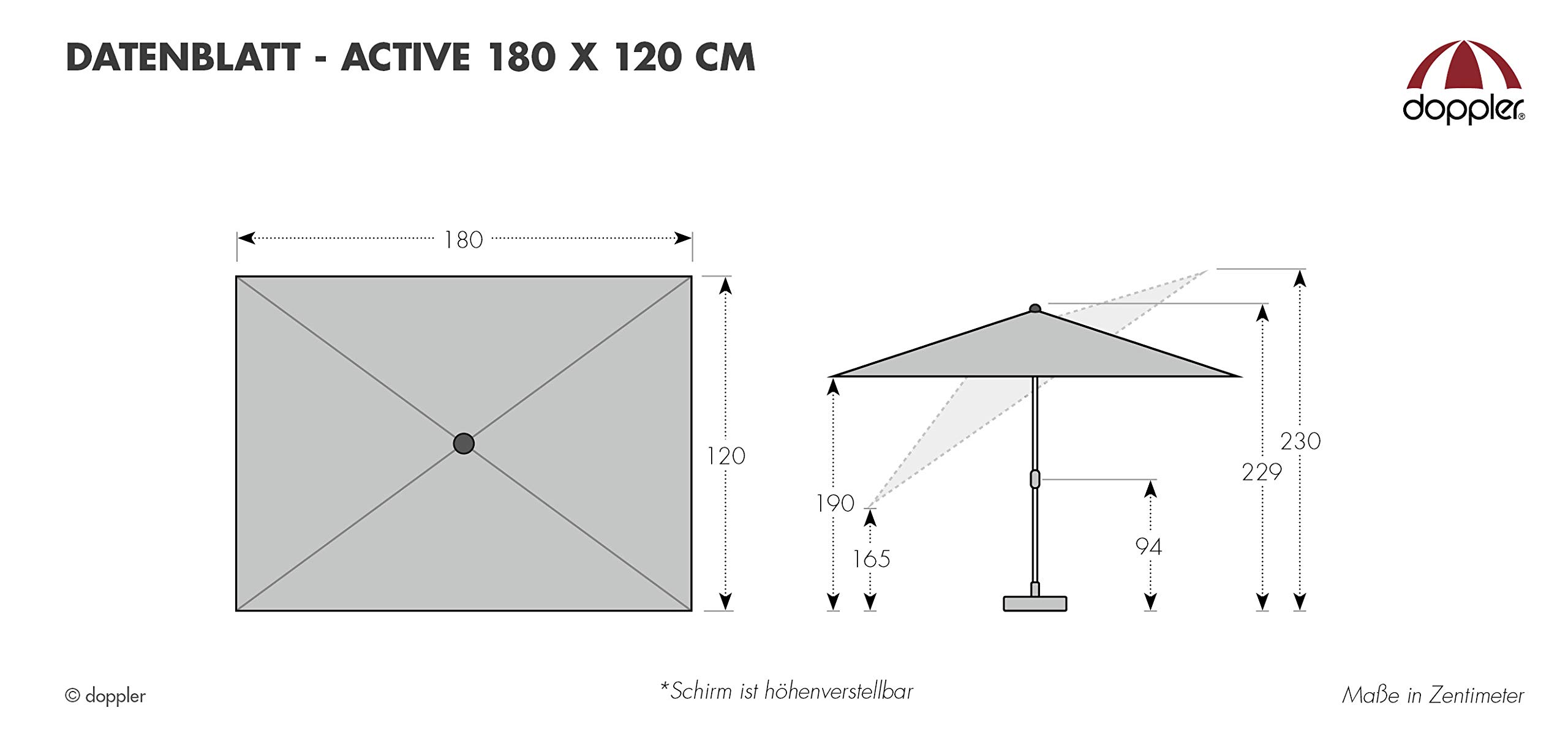 Doppler Ombrellone da giardino Active Auto Tilt 180x120 cm, quadrato – comodo sistema automatico scorrevole, regolabile in altezza, protezione UV SPF 50+, poliestere resistente alle intemperie