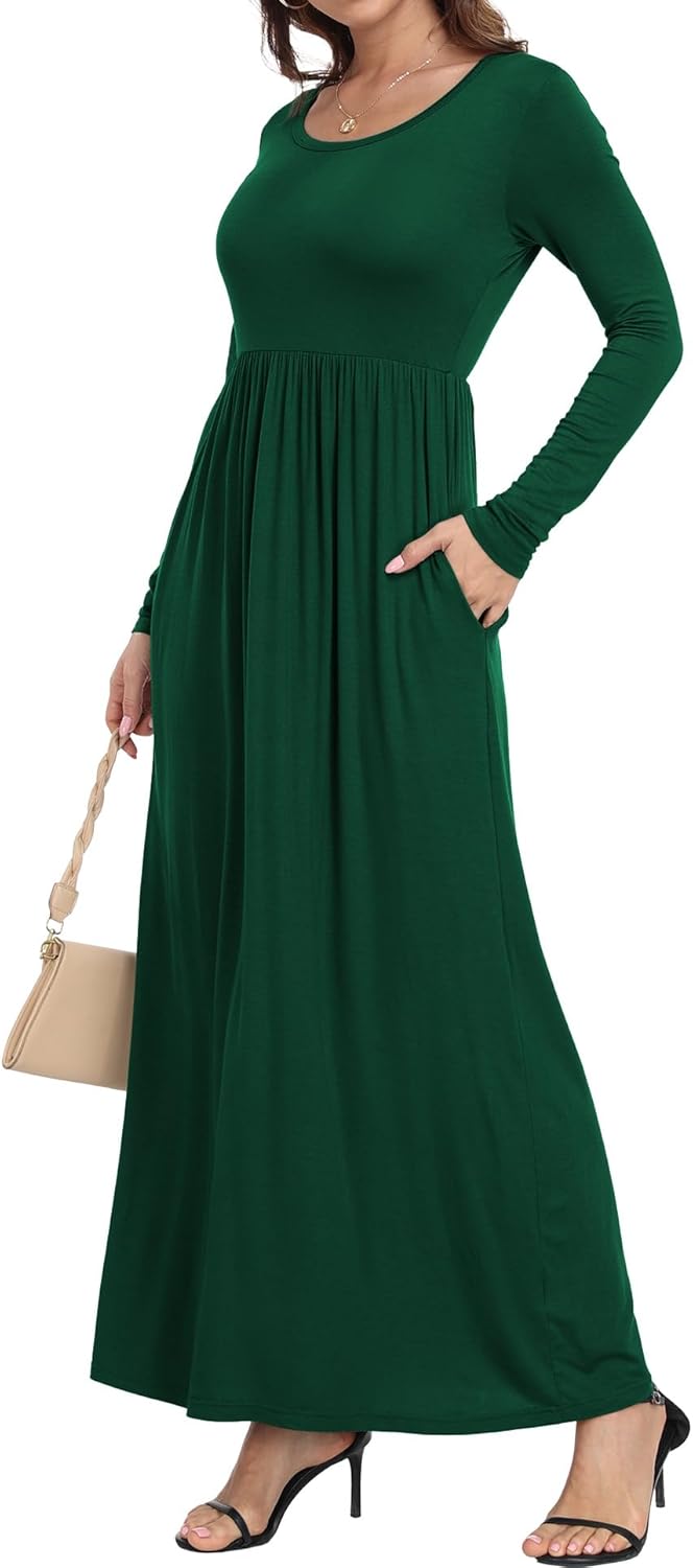 Women's Long Sleeve Loose Plain Long Maxi Casual Dresses with Pockets 2XL Dark Green - Image 4