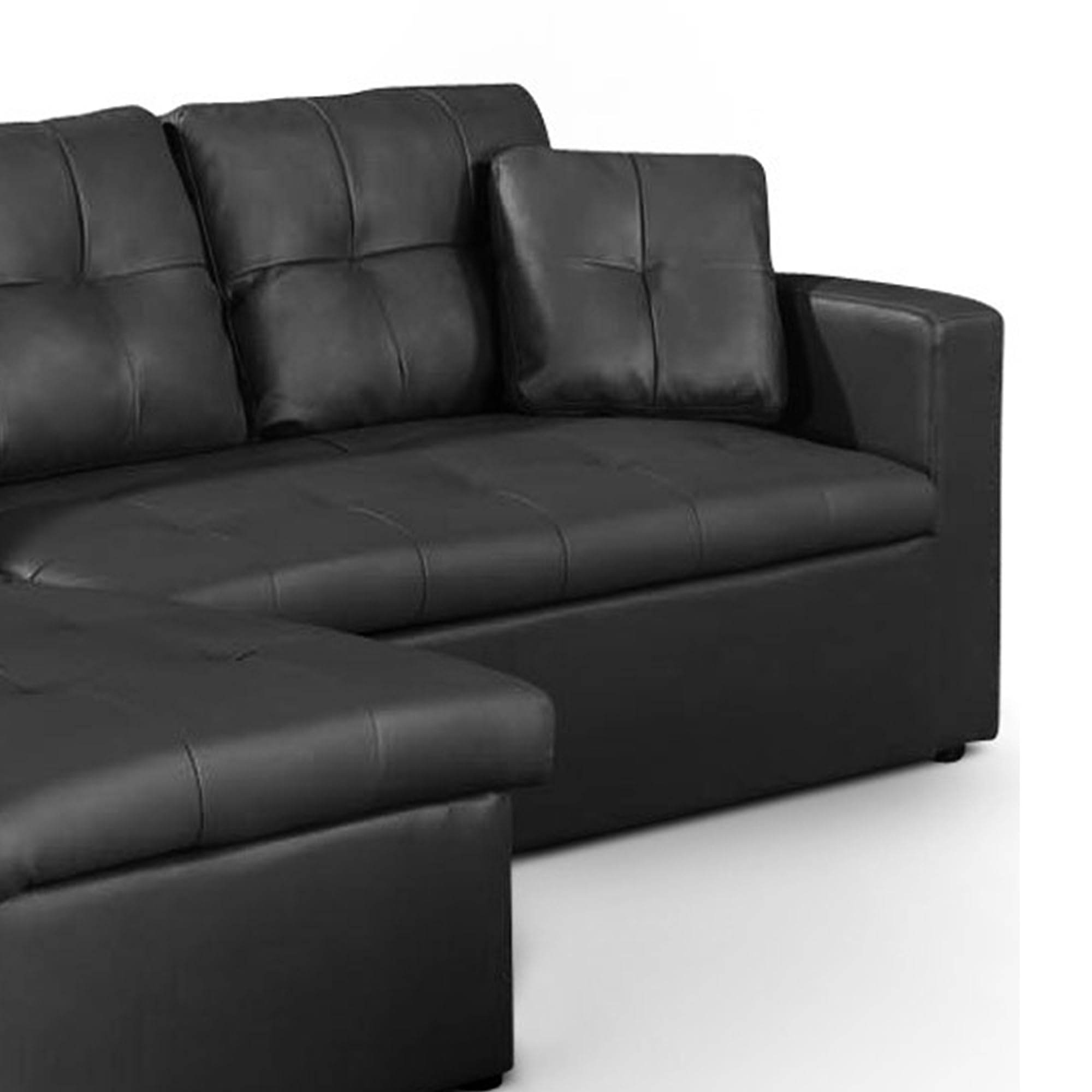 Canape Convertible d’Angle Simili PU Noir Méridienne Reversible Droite ou Gauche | Modèle Toledo | Canape Lit avec Coffre de Rangement| Coussins et Assise Moelleux et Confortable | L230 x P143 x H68