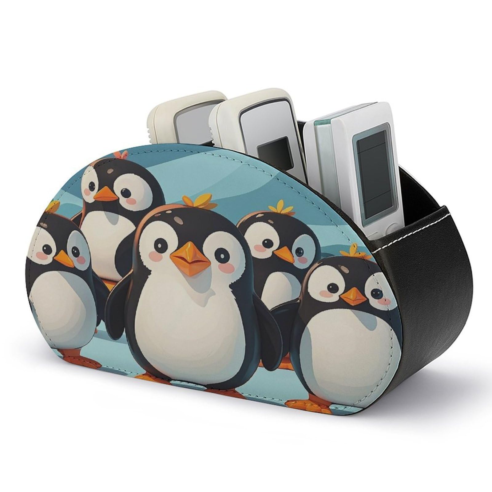 FekiLoot Cute Penguins TV Remote Control Holder with 5 Compartments Multi-functional Leather Bedside Table Remote Caddy Desktop Storage Box for Store Pen Controller Media Player Cosmetic