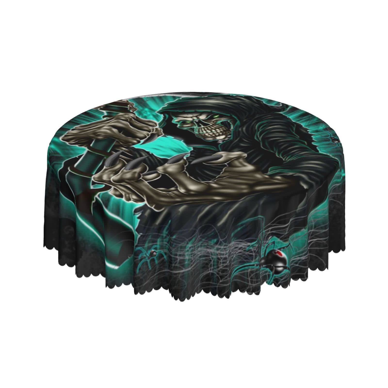 Lsjuee Grim Reaper Death Skeleton Spider Round Tablecloth 60 Inch Printed Washable Tablecloth for Dining Party Holiday Fall Home Decorative