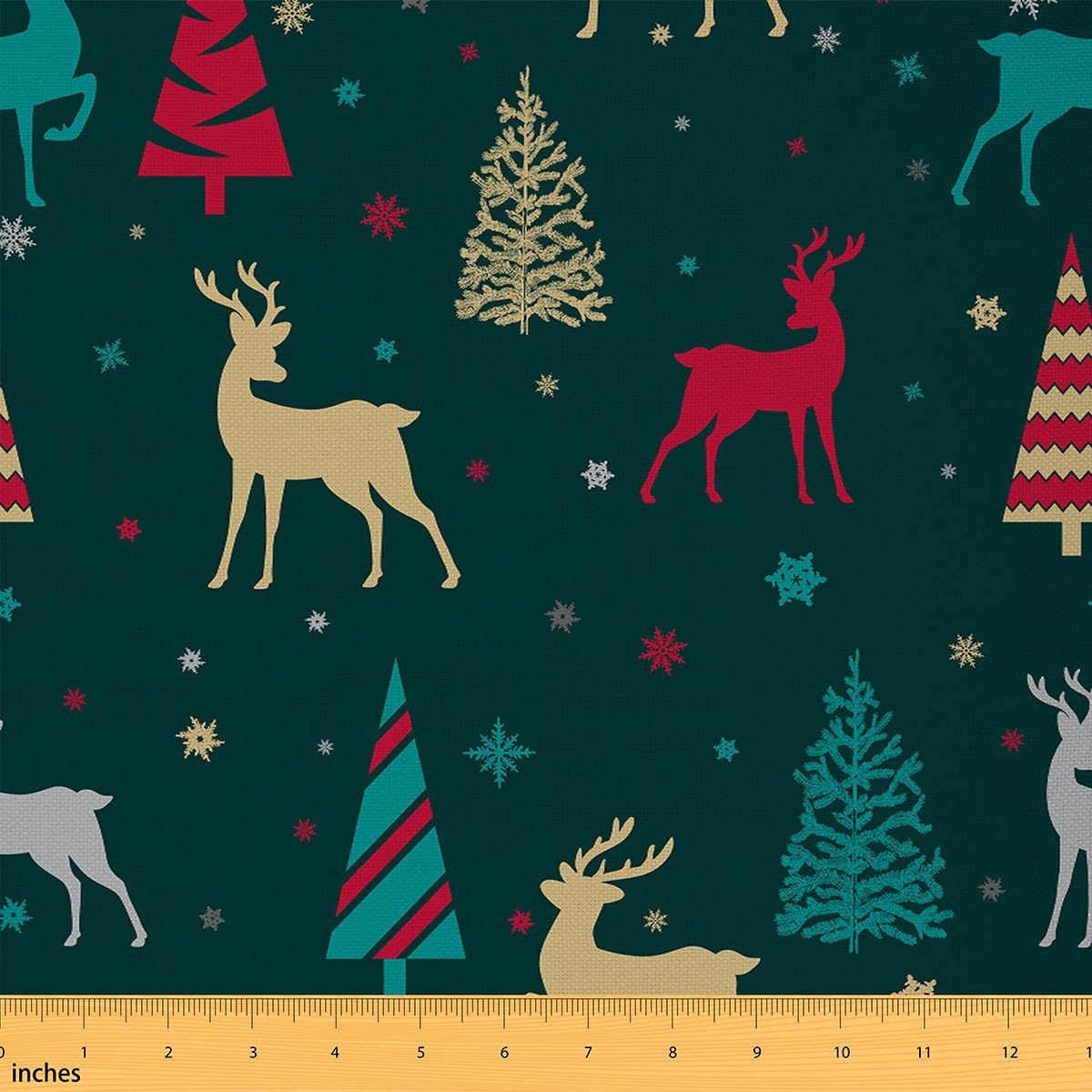Wild Elks Fabric by The Yard,Retro Christmas Watercolor Animals Trees Material by The Yard,Colorful Abstract Snowflake Fabric Panels for Quilting,New Year Decor Sewing,1