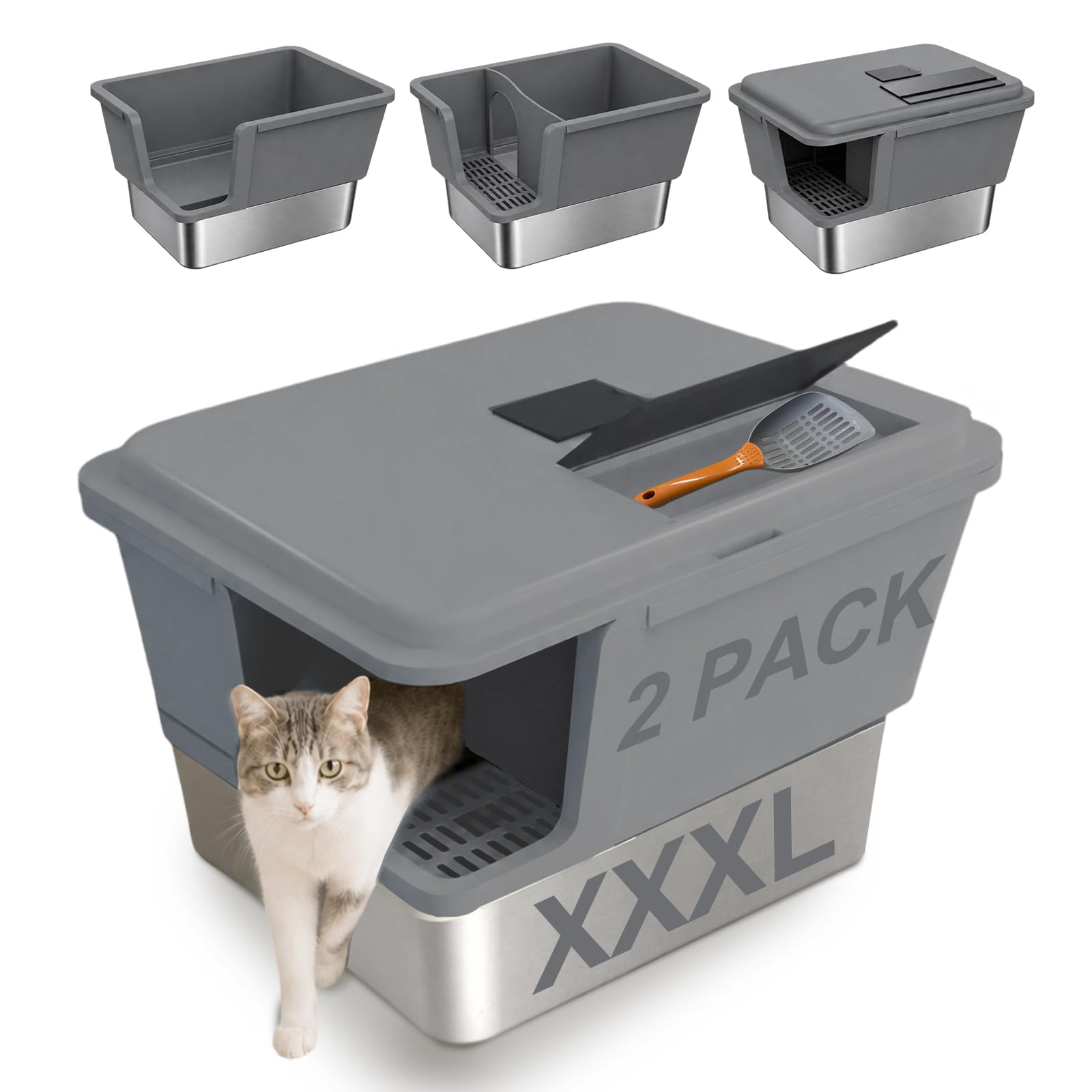XXL Enclosed Stainless Steel Litter Box with Lid, High Sided Metal Litter Pan Large with Litter Catch Step &amp; Walkway Entry,Top Filter Holds Activated Carbon, Dual Odor Control,Easy Clean, gray, 2 Pack