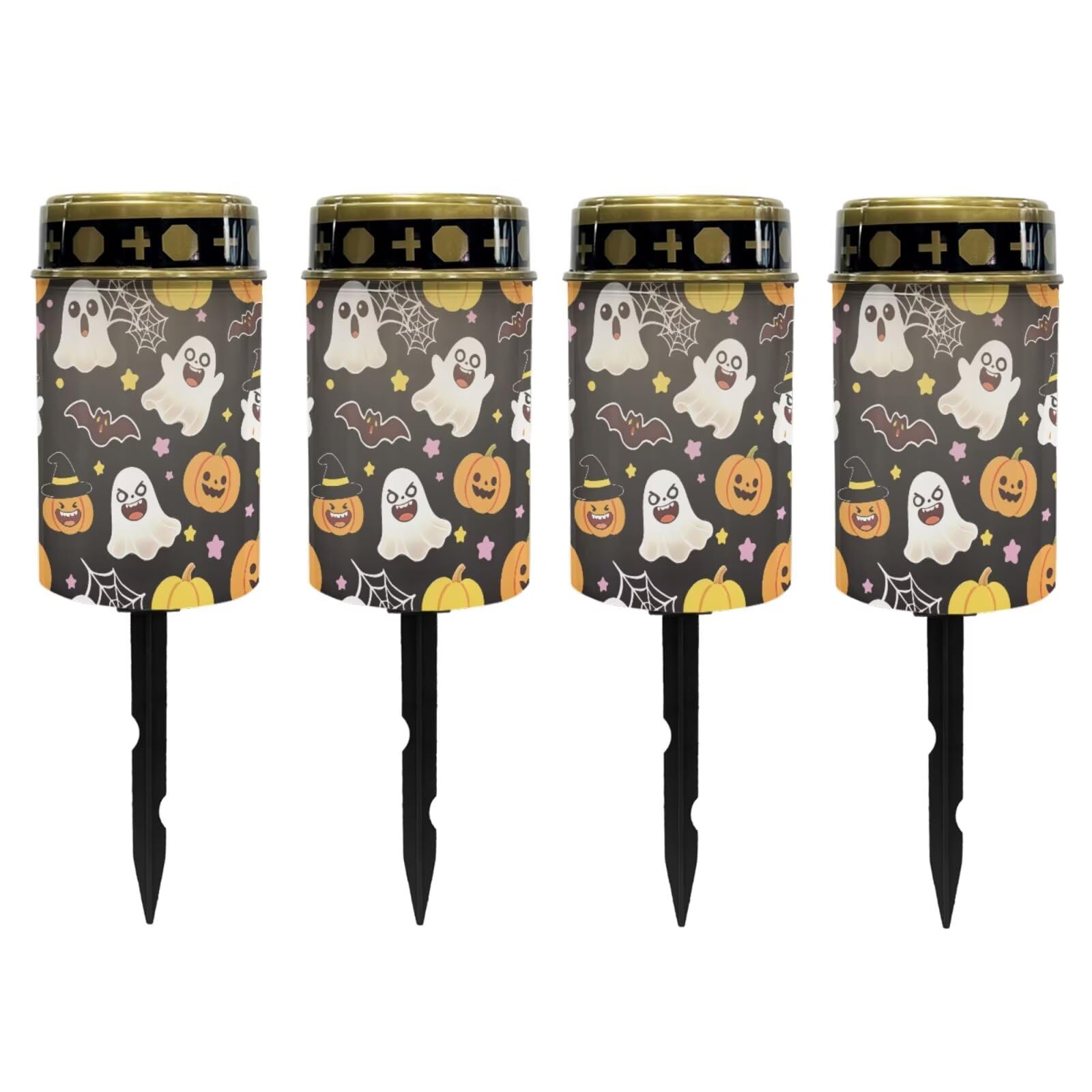 Poceacles Flameless Candle Solar Powered Grave Outdoor Lights Cemetery Candle Flameless Fake LED Pillar Lights Outdoor Halloween Decoration, Cute Ghost Pumpkin Bat Print Black, Pack of 4