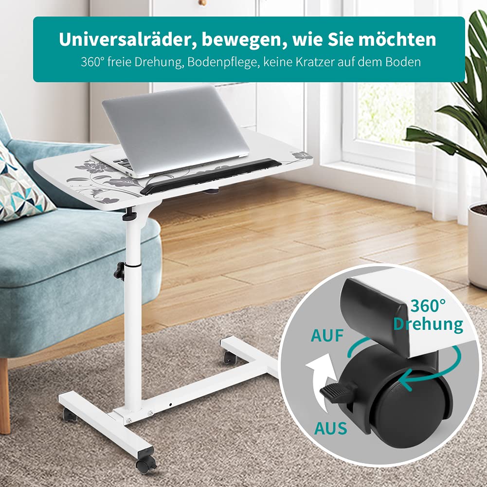 Wakects Computertisch mit Rollen, tragbar, höhenverstellbar, Rolltisch, Bett, Sofa, höhenverstellbar, Beistelltisch, 4 Rollen (weiß)
