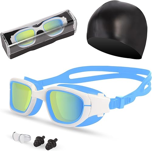 Miniatura 12 de Gafas de natación, gafas para adultos con gorro de natación, clip de nariz y tapones para los oídos, protección UV, lente antivaho y funda para