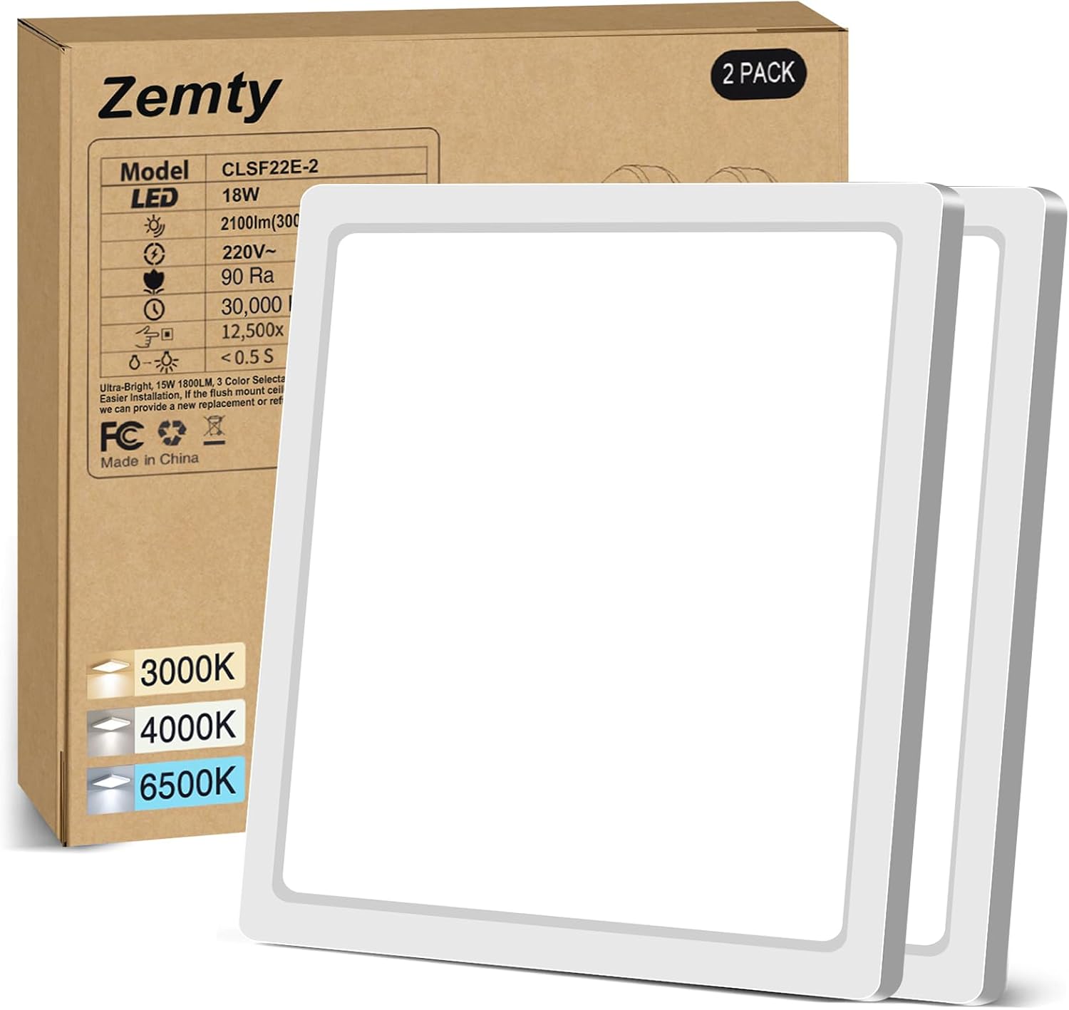 zemty Pack of 2 Ceiling Light LED Ceiling Light Flat 3 Colours - 3000 K/4000 K/6500 K IP44 Waterproof Square Bathroom Lamp Ceiling 2100 lm Modern LED Deck Light for Hallway Kitchen Bathroom Bedroom Office Diameter 22 cm [Energy Class E]