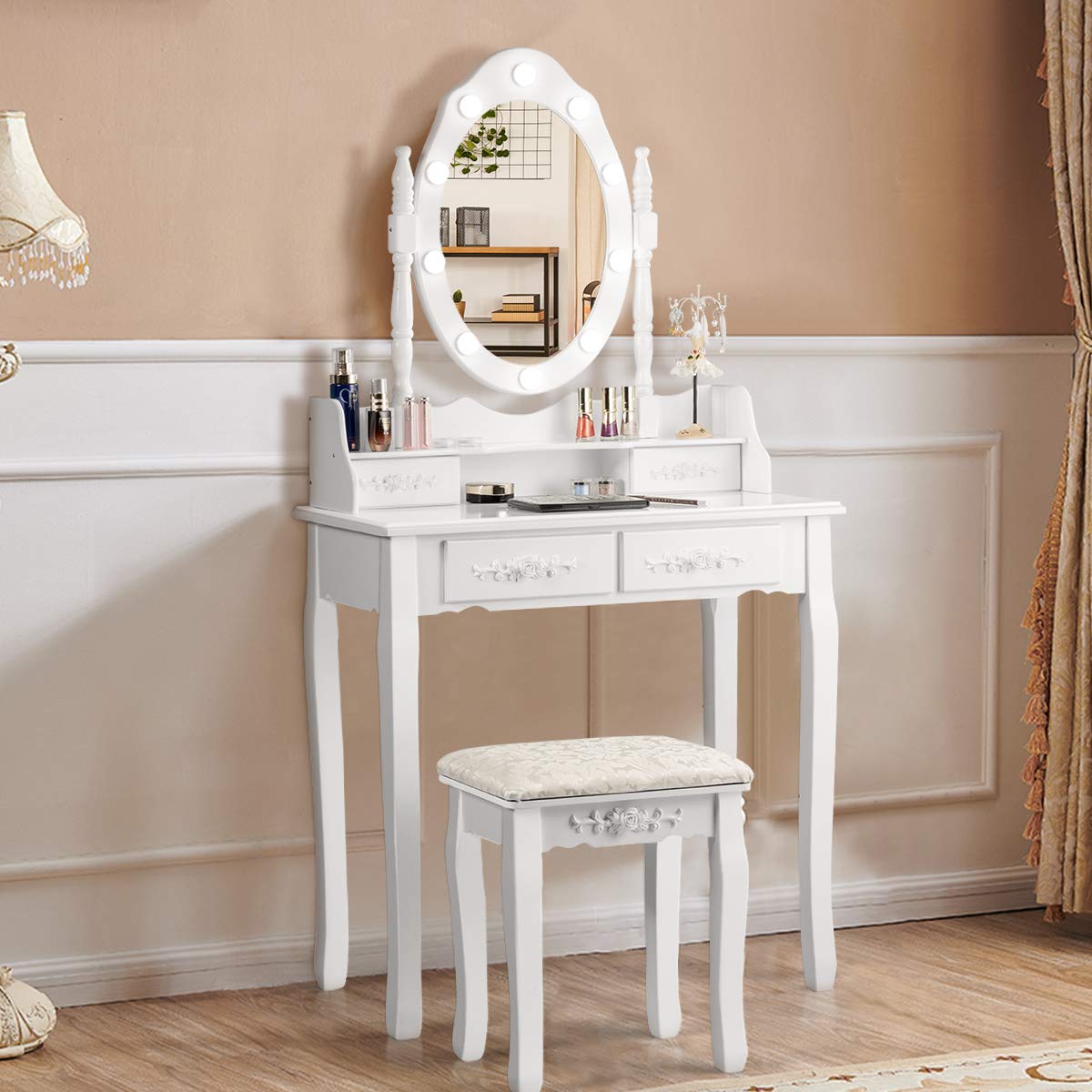 RELAX4LIFE Toeletta Trucco con Luci, Postazione Trucco con Sgabello e Specchio Girevole a 360°, Luminosità Regolabile, Tavolo da Trucco per Camera da Letto (Bianco, 75 x 40 x 146cm)