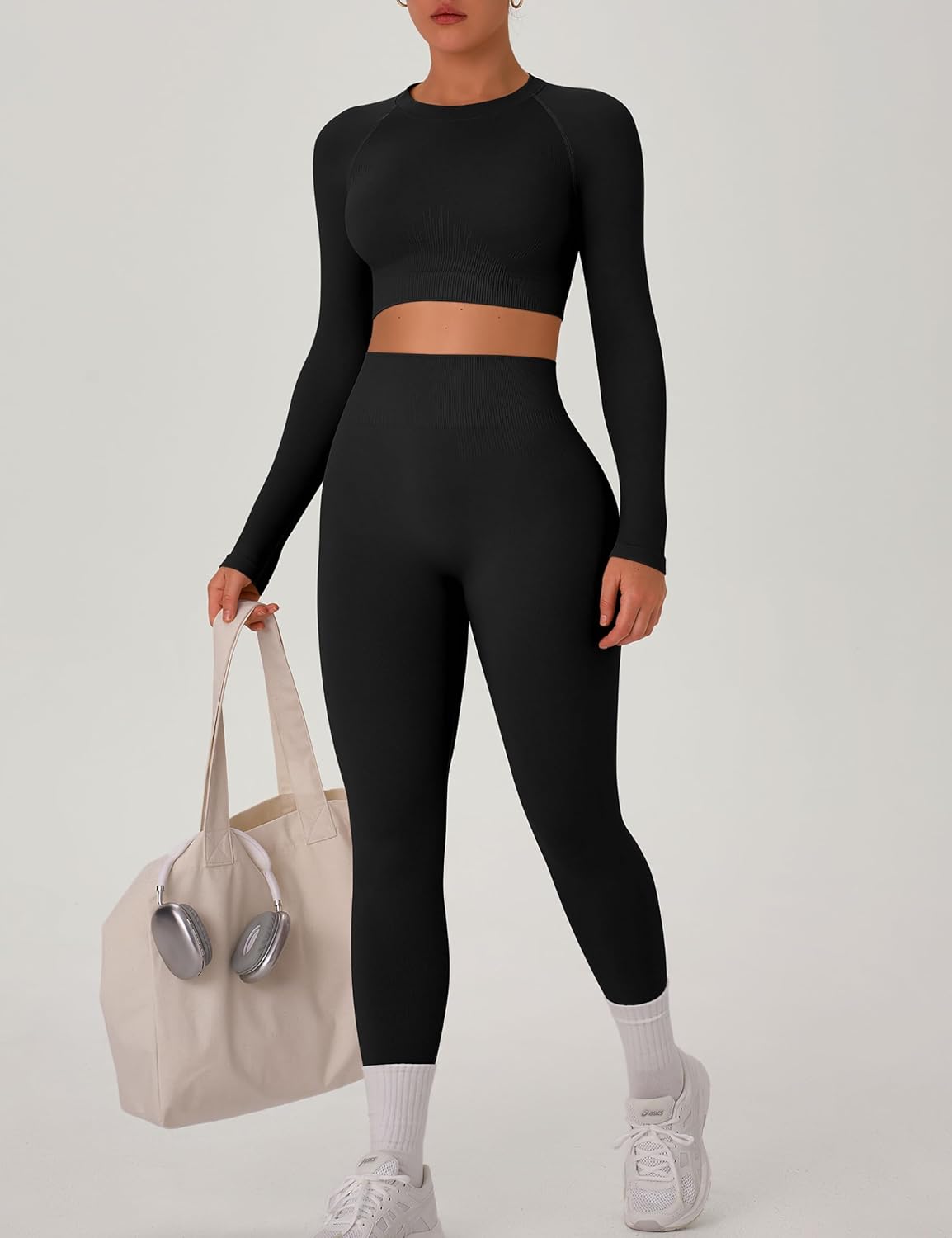 OLCHEE Womens Workout Sets 2 Piece Seamless Long Sleeve Crew Neck Crop Top Shirts Scrunch Butt Leggings Gym Yoga Outfits - Image 3