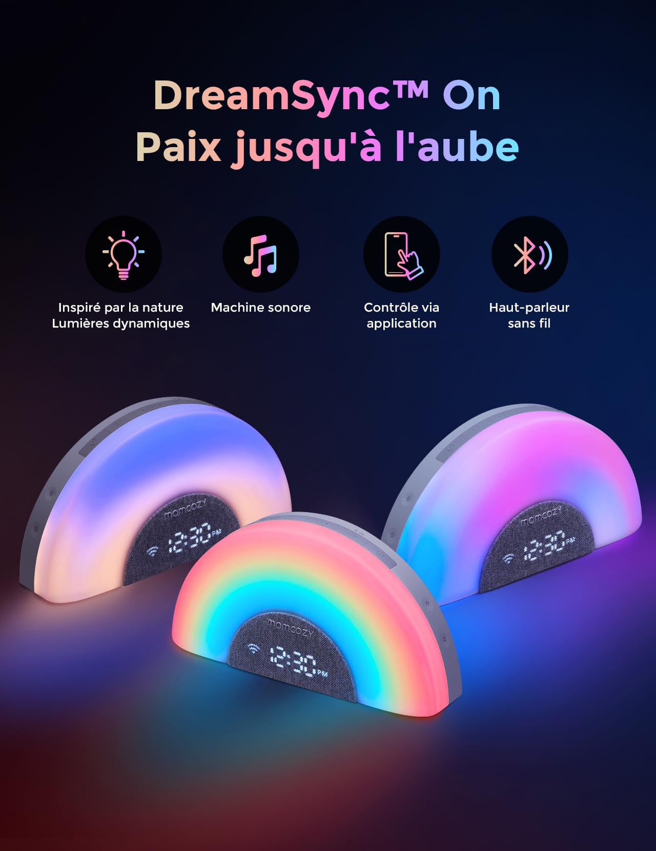Momcozy DreamSync Tech™ Machine à Sons Bébé 34 Bruitages Apaisants, Veilleuse Connectée par App, Programmeur de Sommeil avec Alarme Levé de Soleil et Haut-parleur Sans Fil
