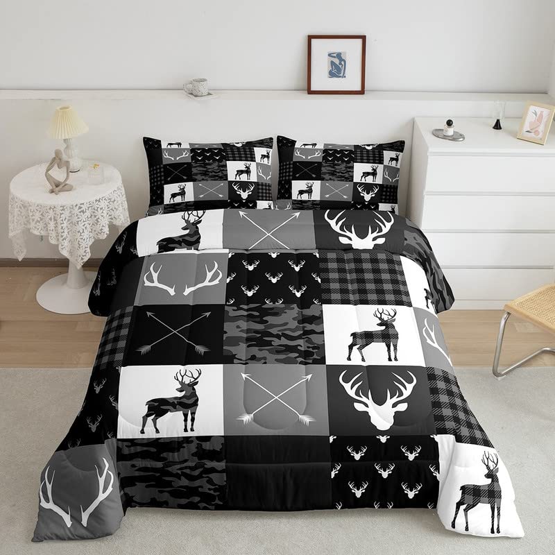 Deer Silhouette Comforter Set Queen Size,Camo Western Rustic Farmhouse Xmas Bedding Set 3pcs for Kids Teens Home Room Decor,Antlers Arrow Geometric Quilt Set,Black Grey Duvet Insert,2 Pillowcases