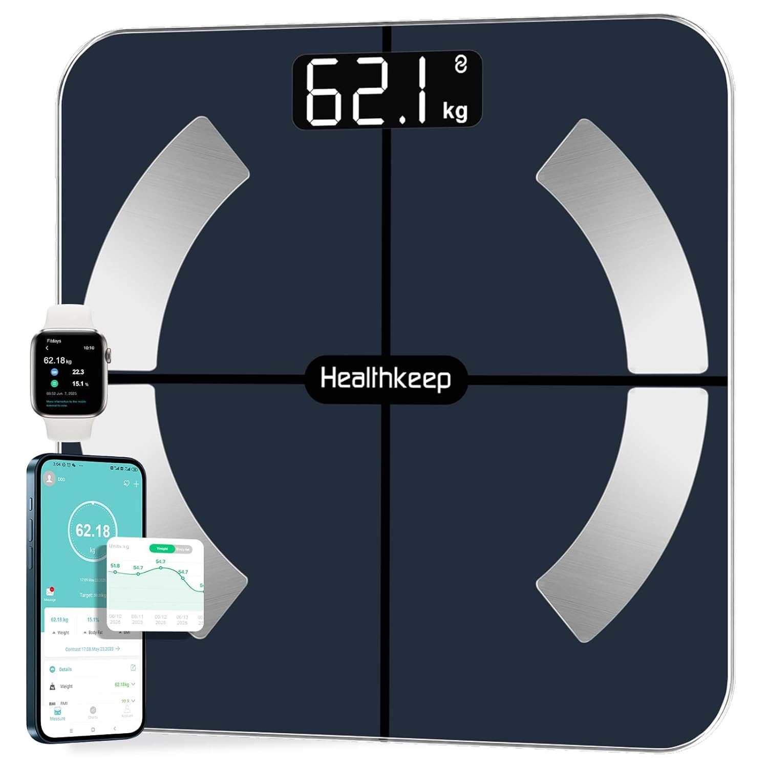 Bilancia Intelligente Impedenziometrica Bluetooth con App, Bilancia Digitale Smart per Grasso Corporeo, BMI, Peso, Massa Muscolare, Acqua Corporea, Proteine, Metabolismo Basale (BMR) - Nero