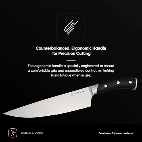 Miniatura 9 de DURA LIVING Cuchillo de chef  Cuchillo de cocina de 8 pulgadas, cuchillo de chef de acero inoxidable alemán de alto carbono, ultra afilado, negro